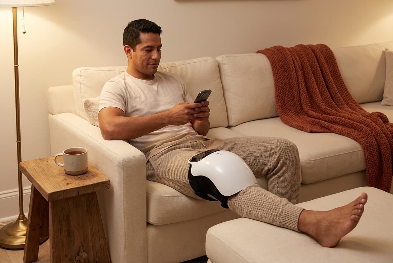 Momento de descanso en casa al final del día con la Rodillera Recovery puesta en la rodilla